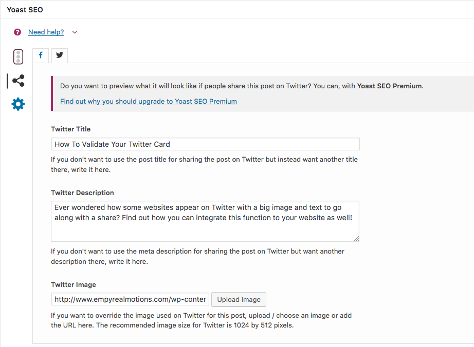 yoast plugin twitter card option